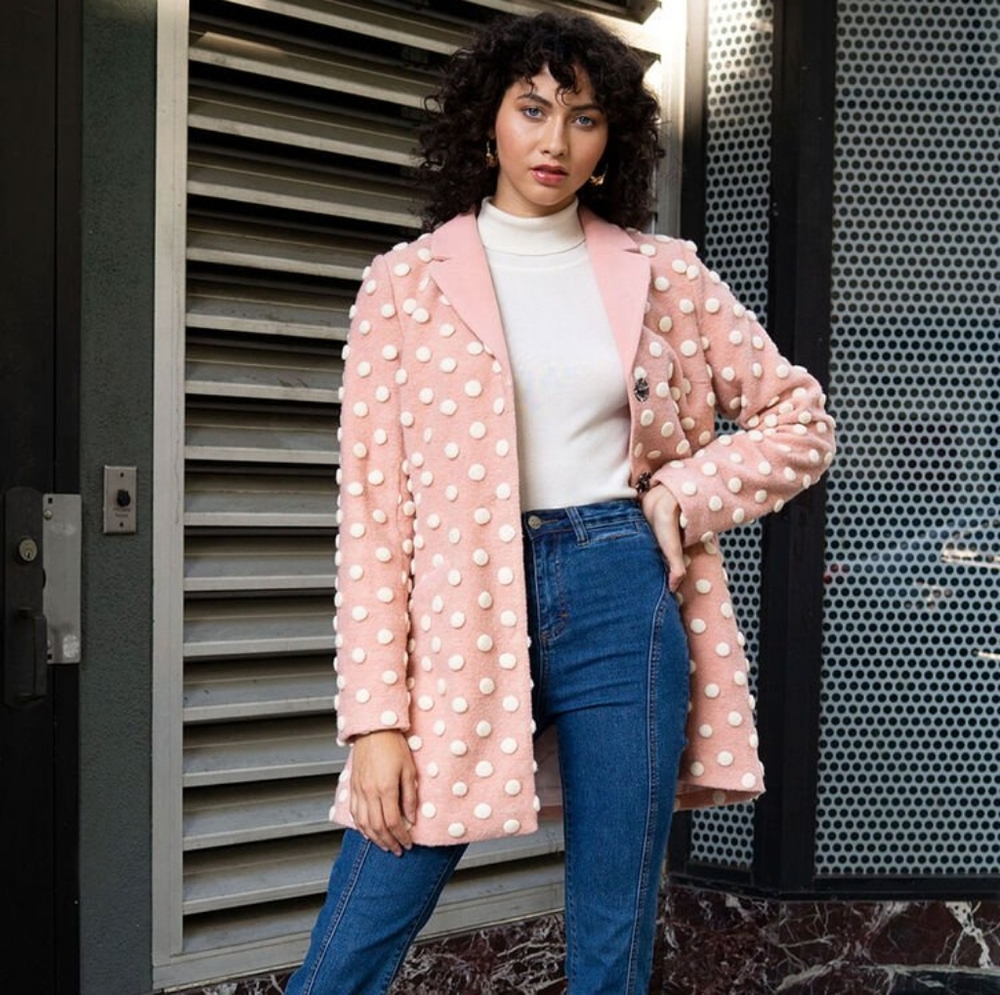 ModCloth Pink and White Polkadot Wool Coat XL